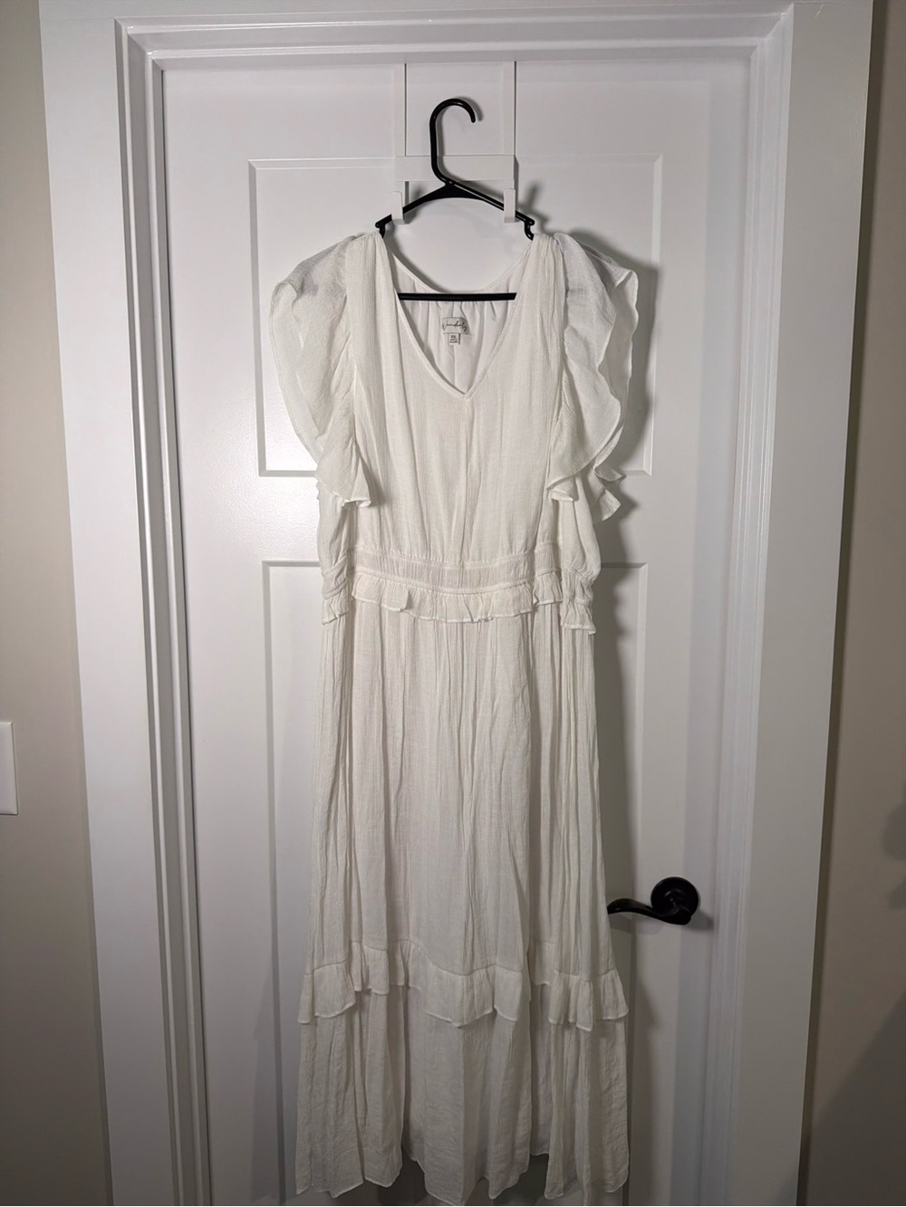 Women's White Ruffle Midi Dress - V-Neck, Flutter Sleeves